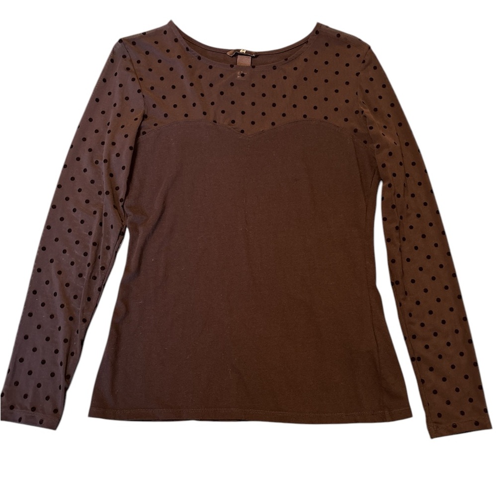 H&M Black Vamp Polka Dot Sheer Illusion Sweetheart Neck Long Sleeve Blouse Sz M